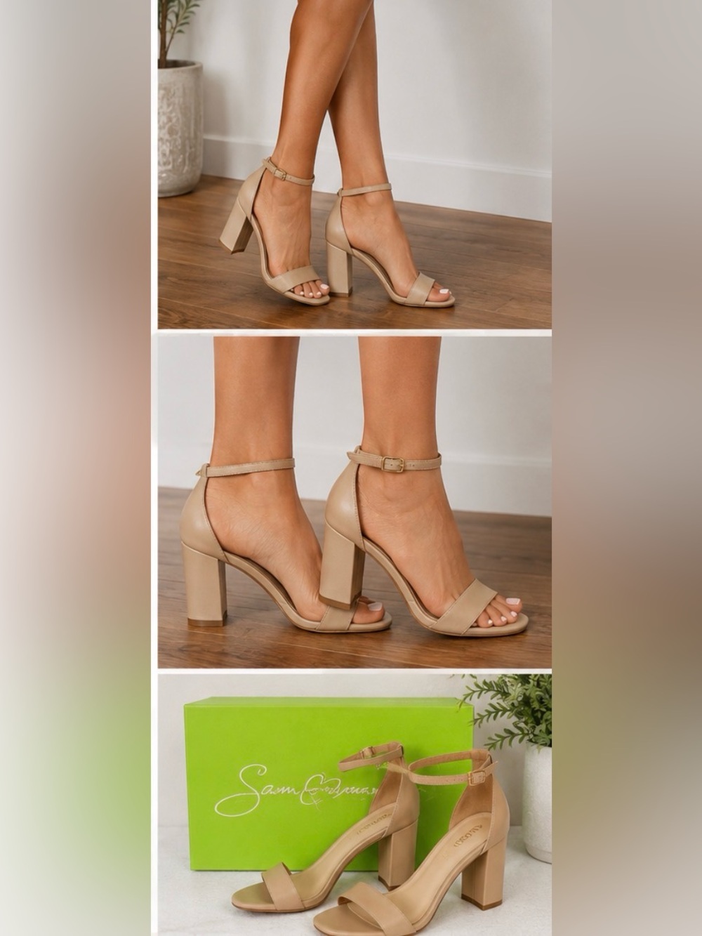 Sam Edelman Robyn Beige Leather Ankle Strap Block Heel Sandals Size 8.5 NWT